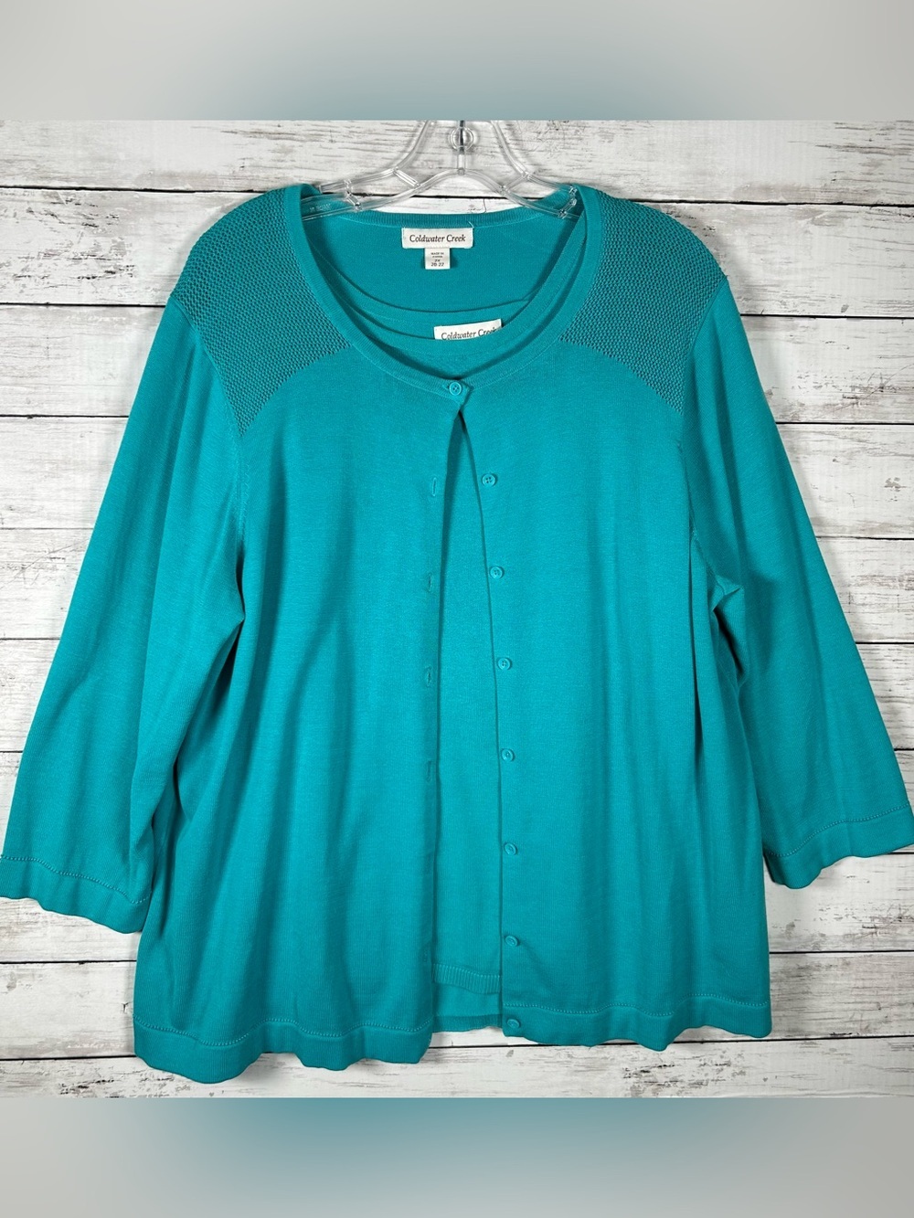 Coldwater Creek Sweater Set 2 Pc Teal Silk Blend Crochet Knit Cardigan/Tank 2X